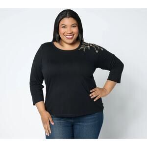 Attitudes By Renee Womens Embroidered 3/4 Sleeve Knit Top Size Medium Black